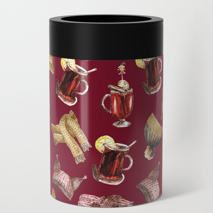 Watercolor mulled wine and scarfs pattern Can Cooler