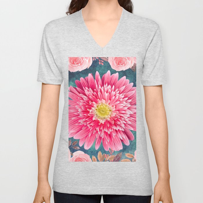 Pink Flowers V Neck T Shirt