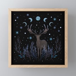 Deer in Winter Night Forest Framed Mini Art Print