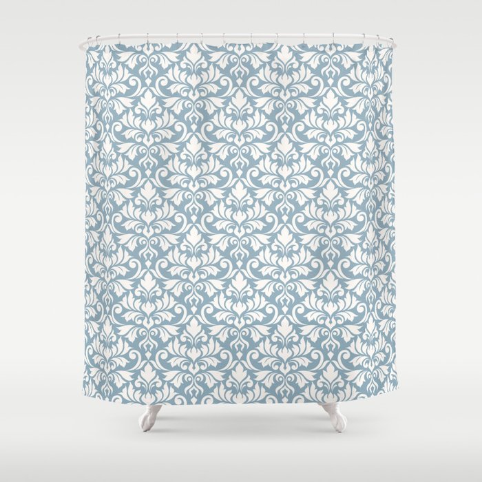 Flourish Damask Big Ptn Cream On Blue Shower Curtain By