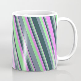 [ Thumbnail: Violet, Light Green, Light Slate Gray, and Dark Slate Gray Colored Lined Pattern Coffee Mug ]