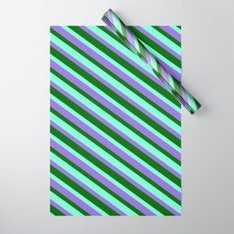 [ Thumbnail: Purple, Dark Green, and Aquamarine Colored Stripes/Lines Pattern Wrapping Paper ]