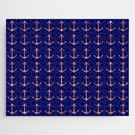 Stylish Nautical Navy Blue Rose Gold Glitter Anchors Jigsaw Puzzle