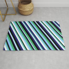 [ Thumbnail: Eye-catching Sea Green, Light Sky Blue, Mint Cream, Midnight Blue, and Black Colored Lined Pattern Rug ]