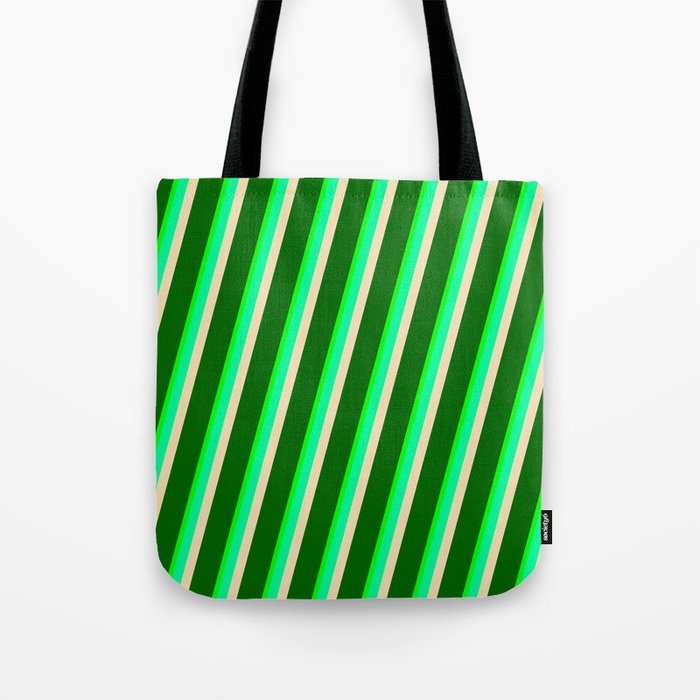 Lime, Green, Tan & Dark Green Colored Striped/Lined Pattern Tote Bag