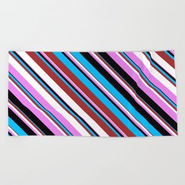 [ Thumbnail: Deep Sky Blue, Brown, White, Violet, and Black Colored Striped/Lined Pattern Beach Towel ]