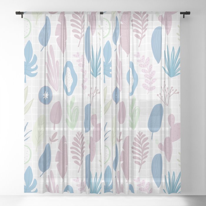 Geometrical Blue Pink Mint Green Floral Pattern Sheer Curtain By