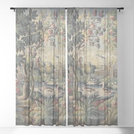 Antique Aubusson French Verdure Tapestry Sheer Curtain