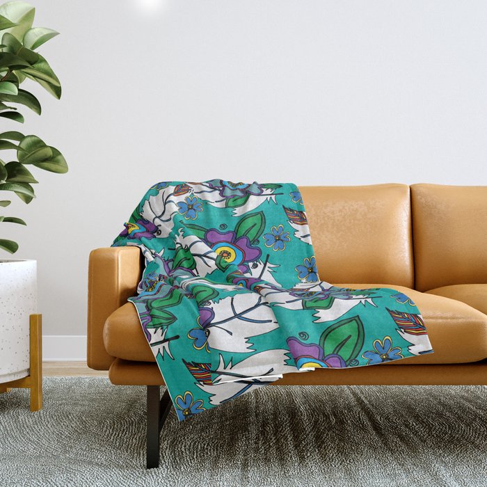Native Floral Turquoise Background Throw Blanket