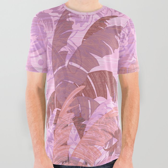 Polynesian Palm Trees And Hibiscus Sunset Abstract All Over Graphic Tee