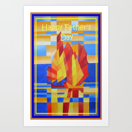 Happy Father's Day Sailing on the Seven Seas so Blue Cubist Abstract Art Print