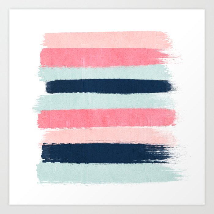 Striped painted coral mint navy pink pattern stripes minimalist Art Print