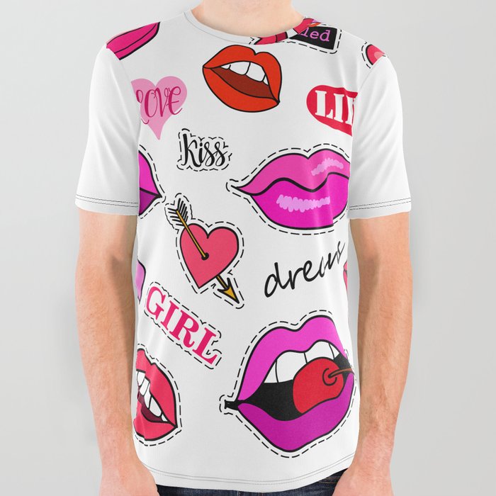 Lips of Love: High Fashion Fine Art with Fashion Patch Badges Set All Over Graphic Tee