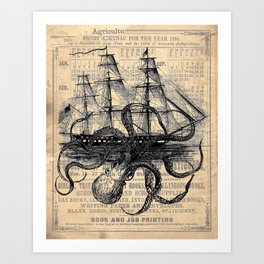 Octopus Kraken attacking Ship Antique Almanac Paper Art Print