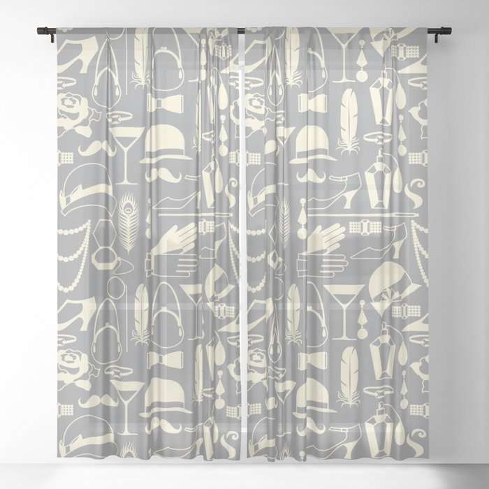 White Fashion 1920s Vintage Pattern on Silver Grey Sheer Curtain