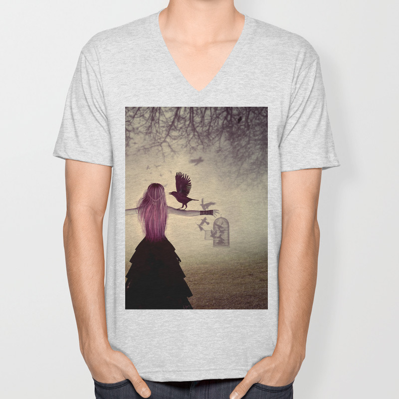 Dark Foggy Scene With Witch Woman With Crows Unisex V Neck By