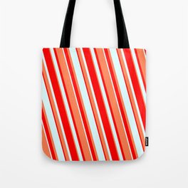 [ Thumbnail: Red, Light Cyan & Coral Colored Lines/Stripes Pattern Tote Bag ]