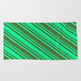 [ Thumbnail: Dark Olive Green and Green Colored Lines Pattern Beach Towel ]