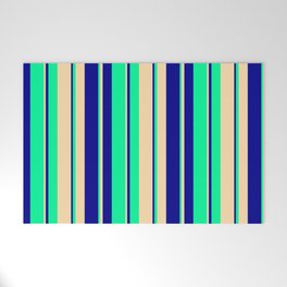 [ Thumbnail: Tan, Dark Blue & Green Colored Stripes/Lines Pattern Welcome Mat ]