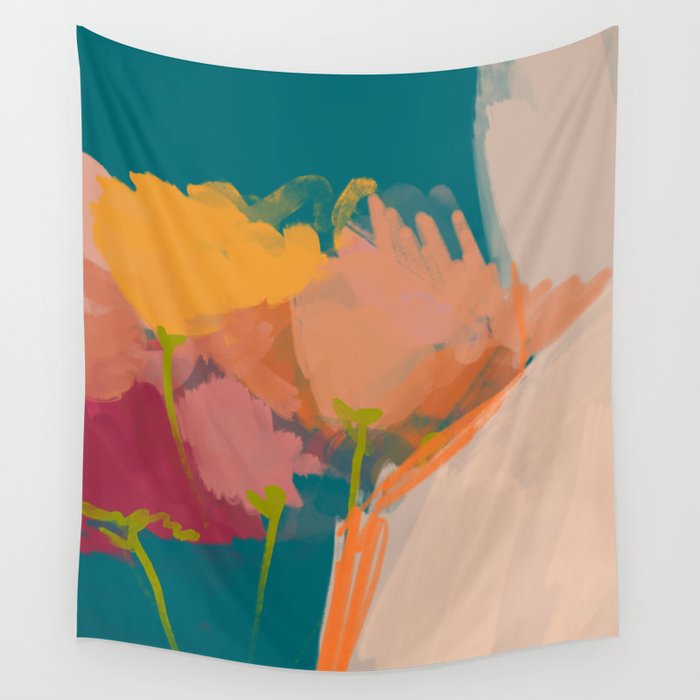Colorful Messy Flowers On Teal Wall Tapestry