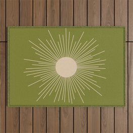 Mid-Century Modern Sunburst II - Minimalist Sun in Mid Mod Beige and Olive Green Outdoor Rug
