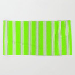 [ Thumbnail: Green & Light Gray Colored Lined/Striped Pattern Beach Towel ]
