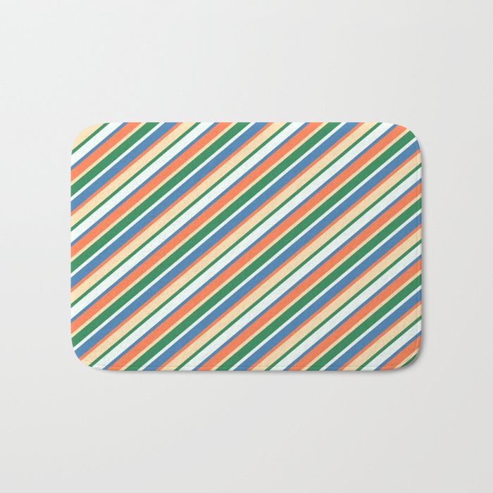 Blue, Coral, Beige, Sea Green, and Mint Cream Colored Lines Pattern Bath Mat