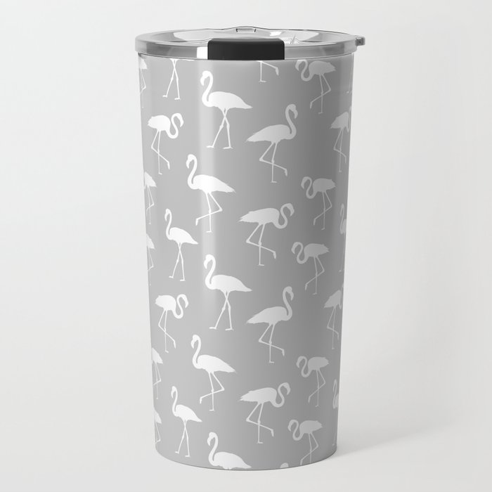 White flamingo silhouettes seamless pattern on light grey background Travel Mug