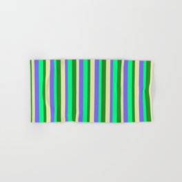[ Thumbnail: Pale Goldenrod, Medium Slate Blue, Green & Forest Green Colored Lined/Striped Pattern Hand & Bath Towel ]