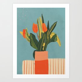 Red tulips in a vase Art Print