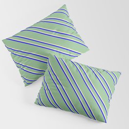 [ Thumbnail: Dark Sea Green, Pale Goldenrod, and Blue Colored Striped Pattern Pillow Sham ]