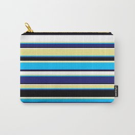 [ Thumbnail: Tan, Deep Sky Blue, Midnight Blue, Black & White Colored Lines Pattern Carry-All Pouch ]