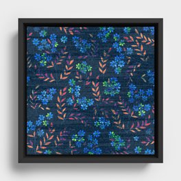 Weathered Neon Flowers Denim Blue Jeans  Framed Canvas