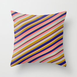 [ Thumbnail: Light Coral, Grey, Dark Goldenrod & Midnight Blue Colored Lines Pattern Throw Pillow ]