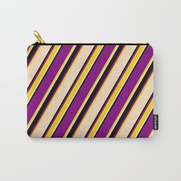 [ Thumbnail: Purple, Yellow, Bisque, and Black Colored Pattern of Stripes Carry-All Pouch ]