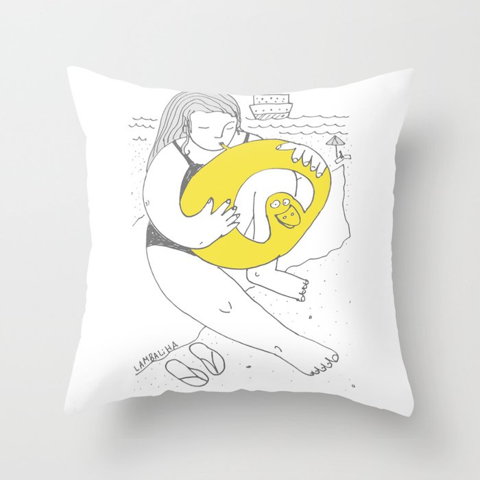Girl inflating a swim ring Throw Pillow