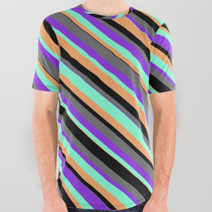 Eye-catching Black, Dim Grey, Purple, Aquamarine & Brown Colored Stripes/Lines Pattern All Over Graphic Tee