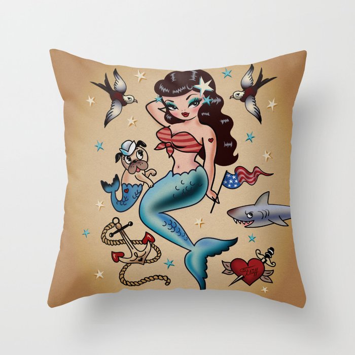 Vintage Tattoo Flash Mermaid with Merpup Throw Pillow