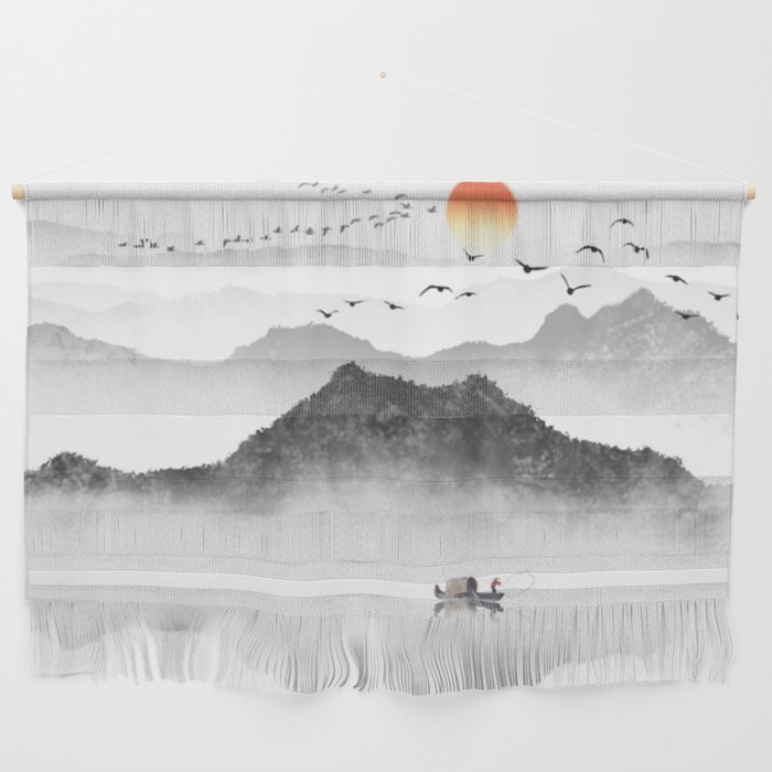 Japanese ink painting - Mountains By the Lake Wall Hanging