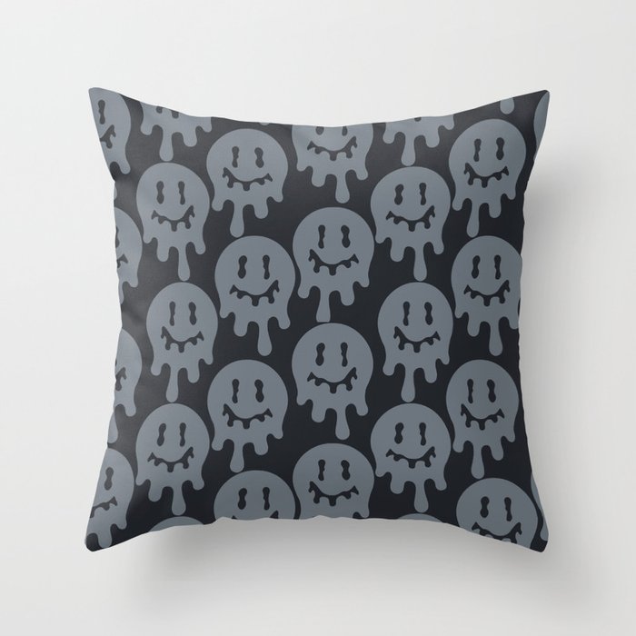 Melted Smiley Faces Trippy Seamless Pattern - Grey Throw Pillow
