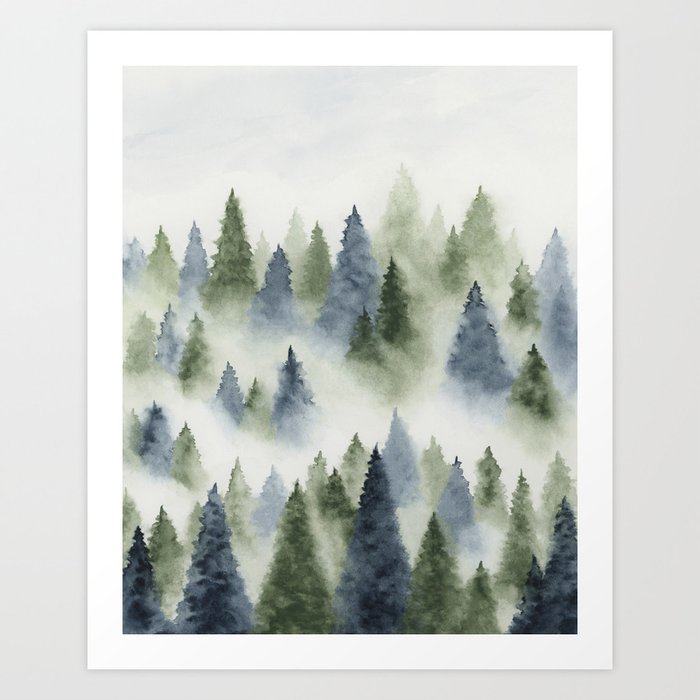 Foggy Forest - Blue and Green Wall Art, Misty Mountain Watercolor Painting, Trees Nature Art Art Print