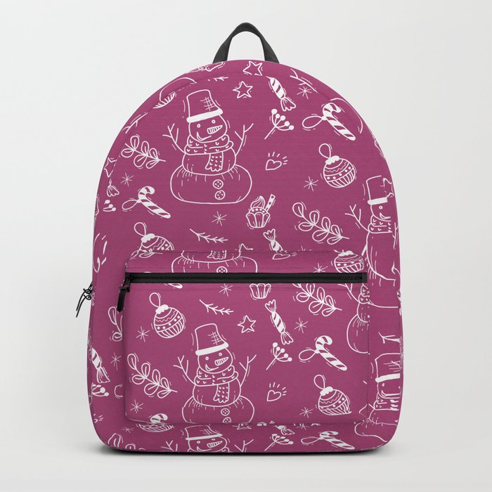 Magenta and White Christmas Snowman Doodle Pattern Backpack