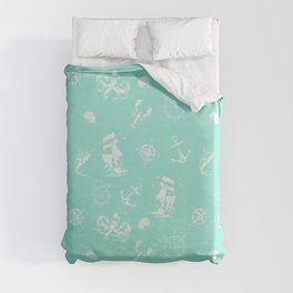 Mint Blue And White Silhouettes Of Vintage Nautical Pattern Duvet Cover
