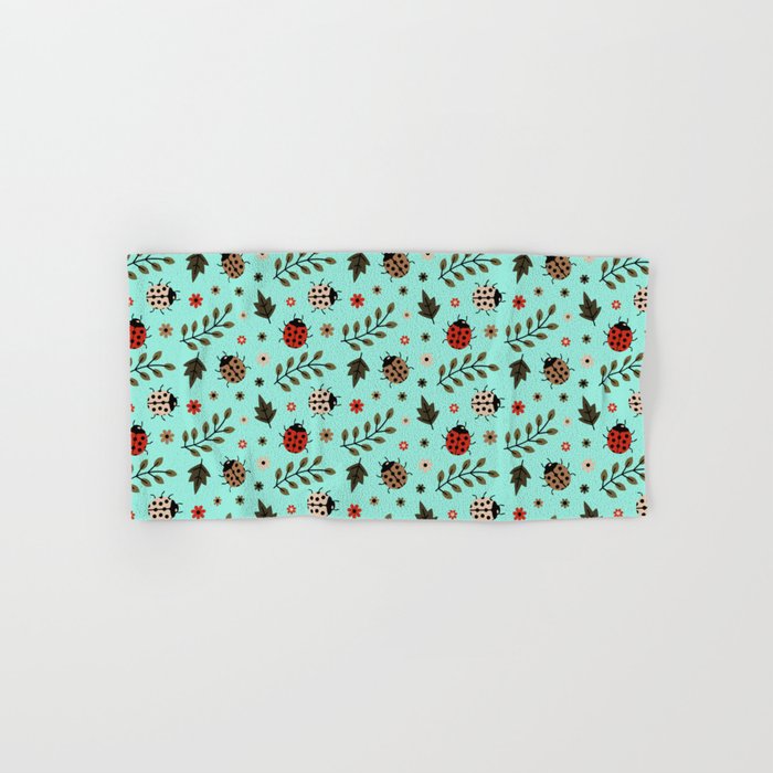 Ladybug and Floral Seamless Pattern on Seafoam Background Hand & Bath Towel