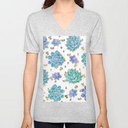 Modern trendy teal turquoise lilac gold cactus floral V Neck T Shirt