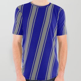 [ Thumbnail: Dark Blue & Grey Colored Striped Pattern All Over Graphic Tee ]