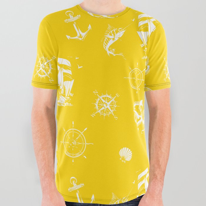 Yellow And White Silhouettes Of Vintage Nautical Pattern All Over Graphic Tee