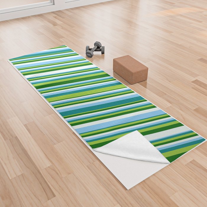 Light Sky Blue, Teal, Green, Dark Green, and Mint Cream Colored Striped Pattern Yoga Towel