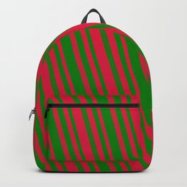 [ Thumbnail: Green and Crimson Colored Lined/Striped Pattern Backpack ]