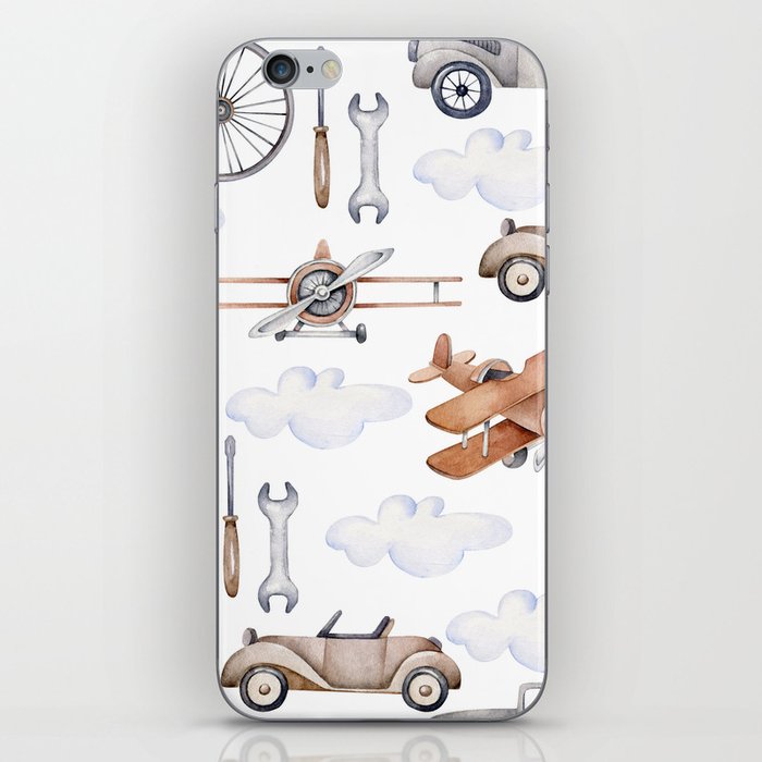 Watercolor baby pattern with retro cars and planes iPhone Skin